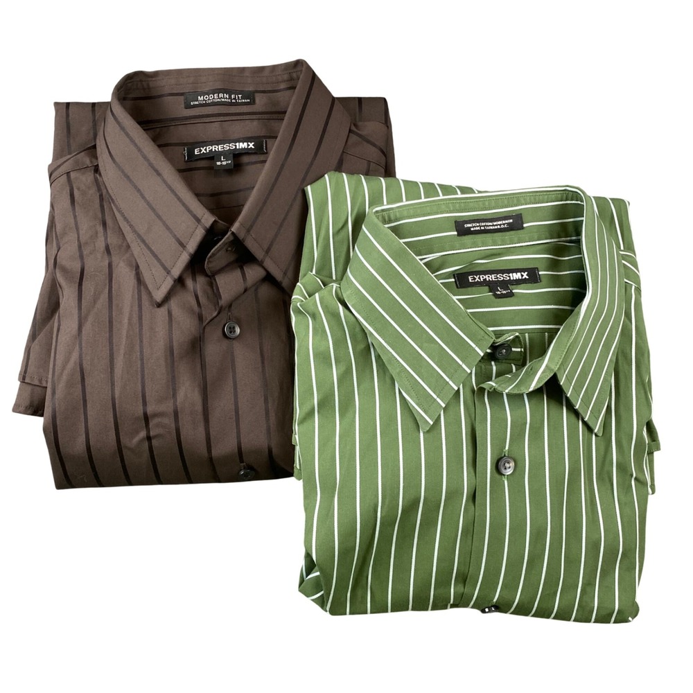 Express 1MX Mens Lrg 16-16.5 Modern Fit Stripe Dress Shirt Lot 2 Brown Green Y2K
